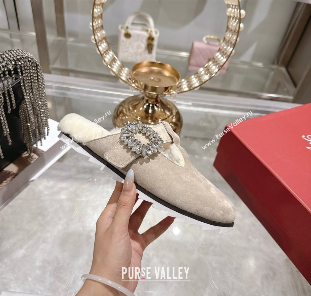 Roger Vivier Slidy Viv Mules 2.5cm in Suede and Wool with Strass Buckle Grey 2025 (SS-251030062)