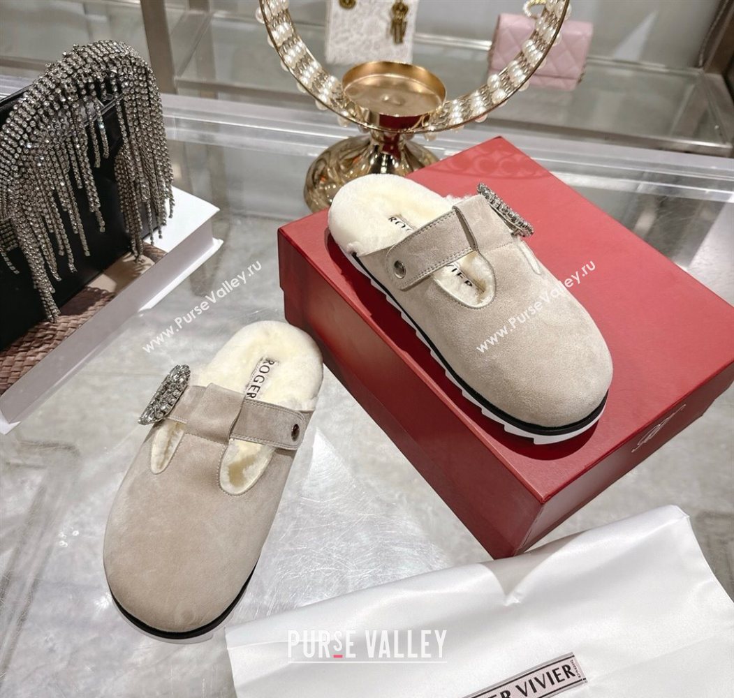 Roger Vivier Slidy Viv Mules 2.5cm in Suede and Wool with Strass Buckle Grey 2025 (SS-251030062)