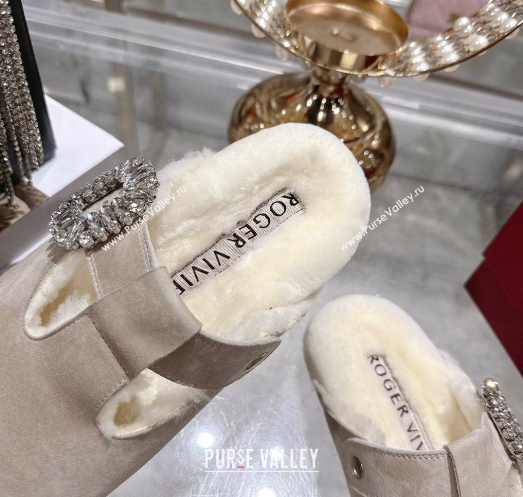 Roger Vivier Slidy Viv Mules 2.5cm in Suede and Wool with Strass Buckle Grey 2025 (SS-251030062)