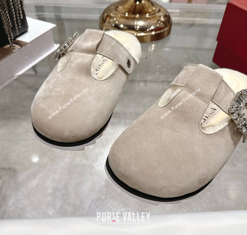 Roger Vivier Slidy Viv Mules 2.5cm in Suede and Wool with Strass Buckle Grey 2025 (SS-251030062)