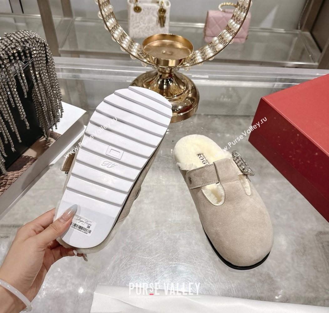 Roger Vivier Slidy Viv Mules 2.5cm in Suede and Wool with Strass Buckle Grey 2025 (SS-251030062)