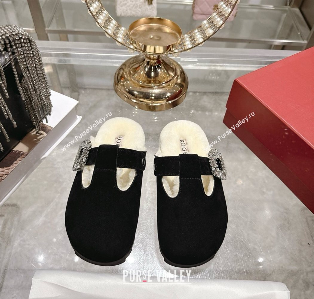 Roger Vivier Slidy Viv Mules 2.5cm in Suede and Wool with Strass Buckle Black 2025 (SS-251030063)