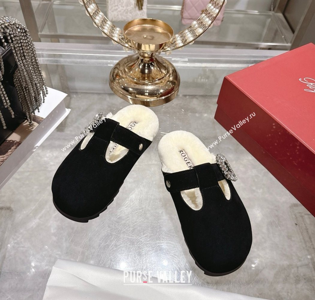 Roger Vivier Slidy Viv Mules 2.5cm in Suede and Wool with Strass Buckle Black 2025 (SS-251030063)