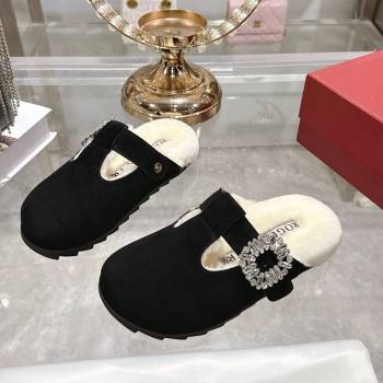 Roger Vivier Slidy Viv Mules 2.5cm in Suede and Wool with Strass Buckle Black 2025 (SS-251030063)