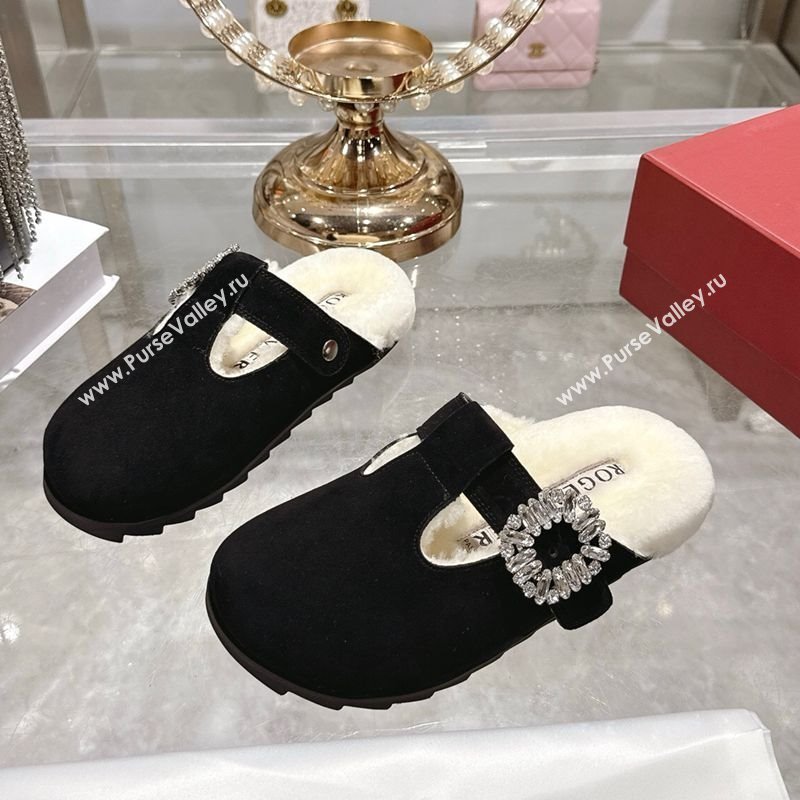 Roger Vivier Slidy Viv Mules 2.5cm in Suede and Wool with Strass Buckle Black 2025 (SS-251030063)
