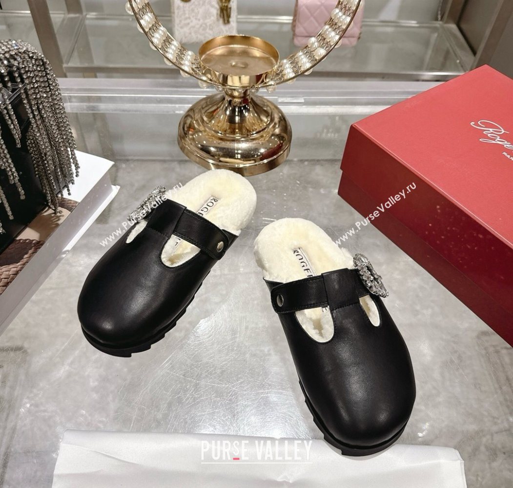 Roger Vivier Slidy Viv Mules 2.5cm in Leather and Wool with Strass Buckle Black 2025 (SS-251030060)