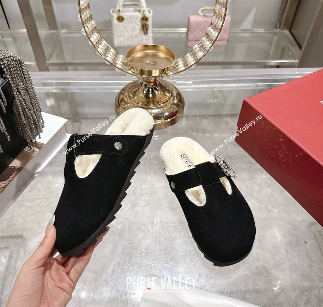 Roger Vivier Slidy Viv Mules 2.5cm in Suede and Wool with Strass Buckle Black 2025 (SS-251030063)