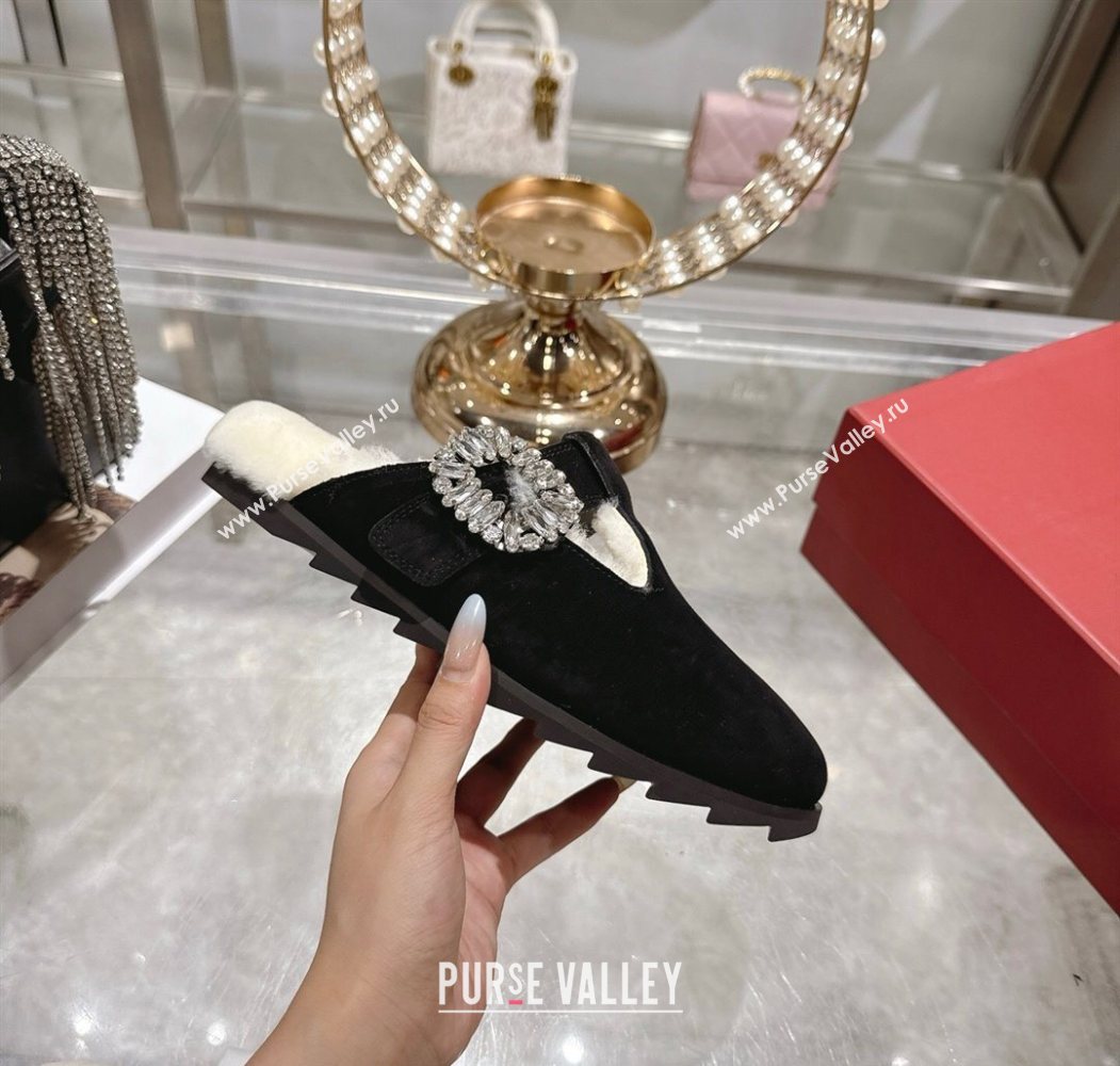 Roger Vivier Slidy Viv Mules 2.5cm in Suede and Wool with Strass Buckle Black 2025 (SS-251030063)