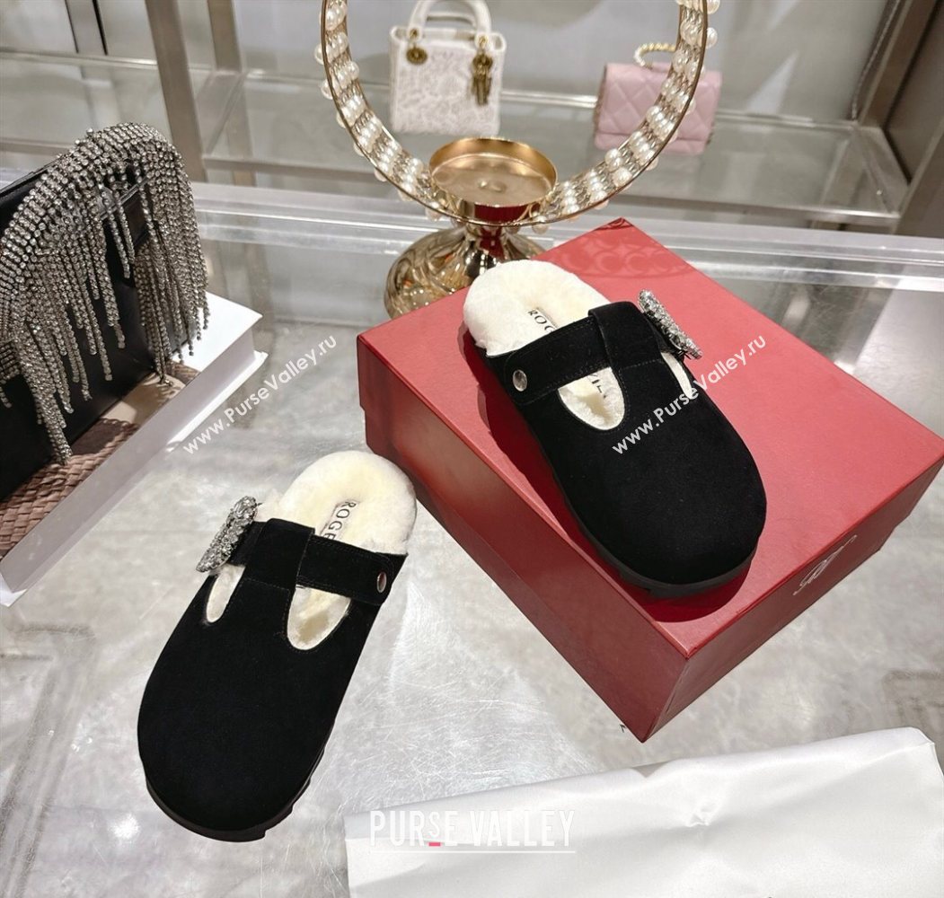 Roger Vivier Slidy Viv Mules 2.5cm in Suede and Wool with Strass Buckle Black 2025 (SS-251030063)