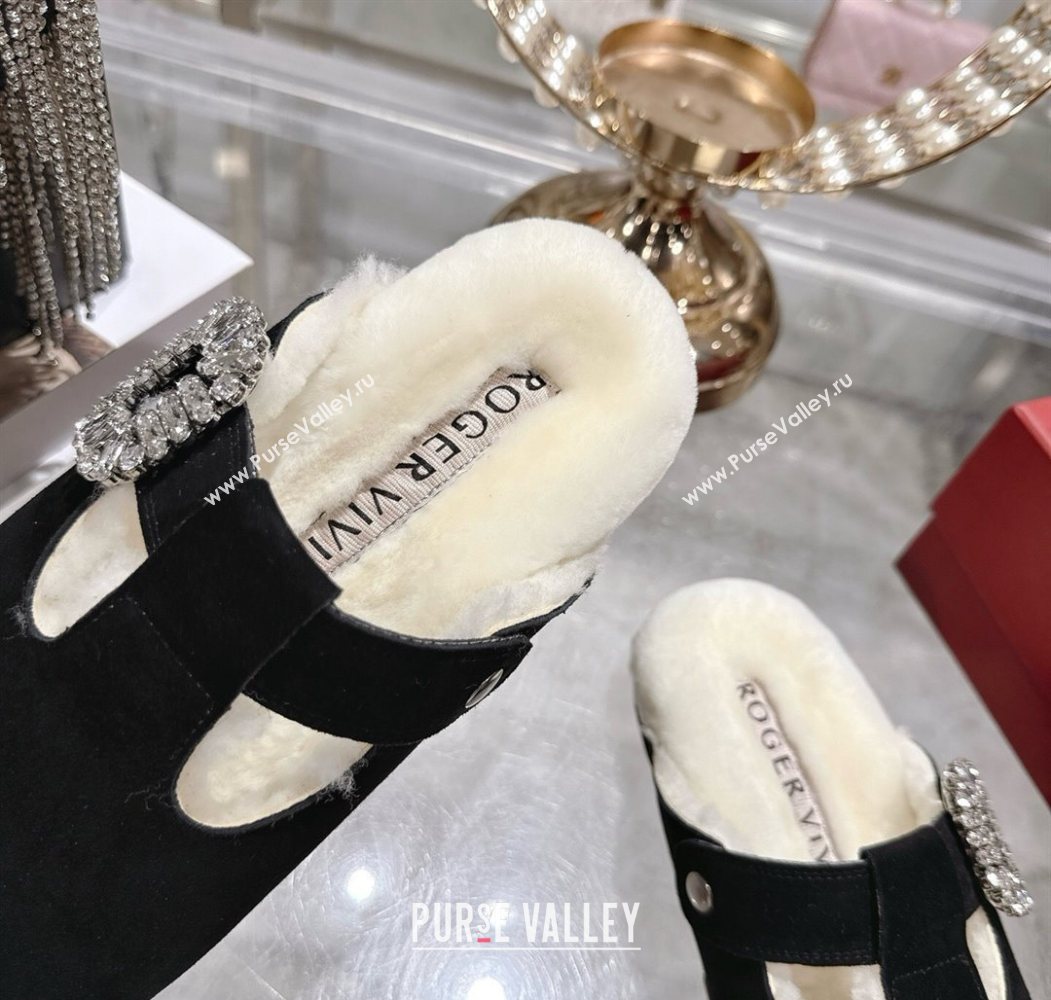 Roger Vivier Slidy Viv Mules 2.5cm in Suede and Wool with Strass Buckle Black 2025 (SS-251030063)