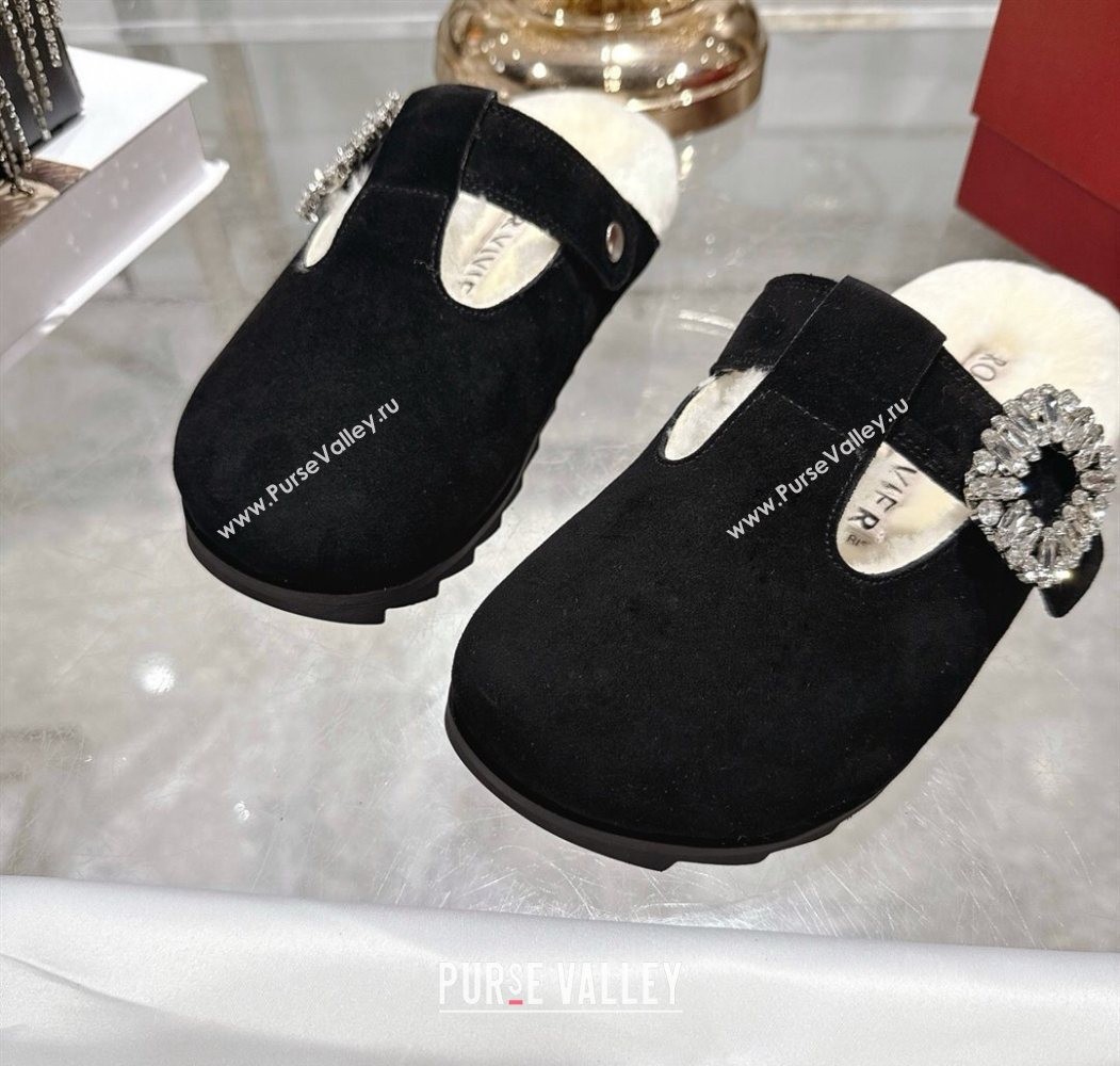 Roger Vivier Slidy Viv Mules 2.5cm in Suede and Wool with Strass Buckle Black 2025 (SS-251030063)