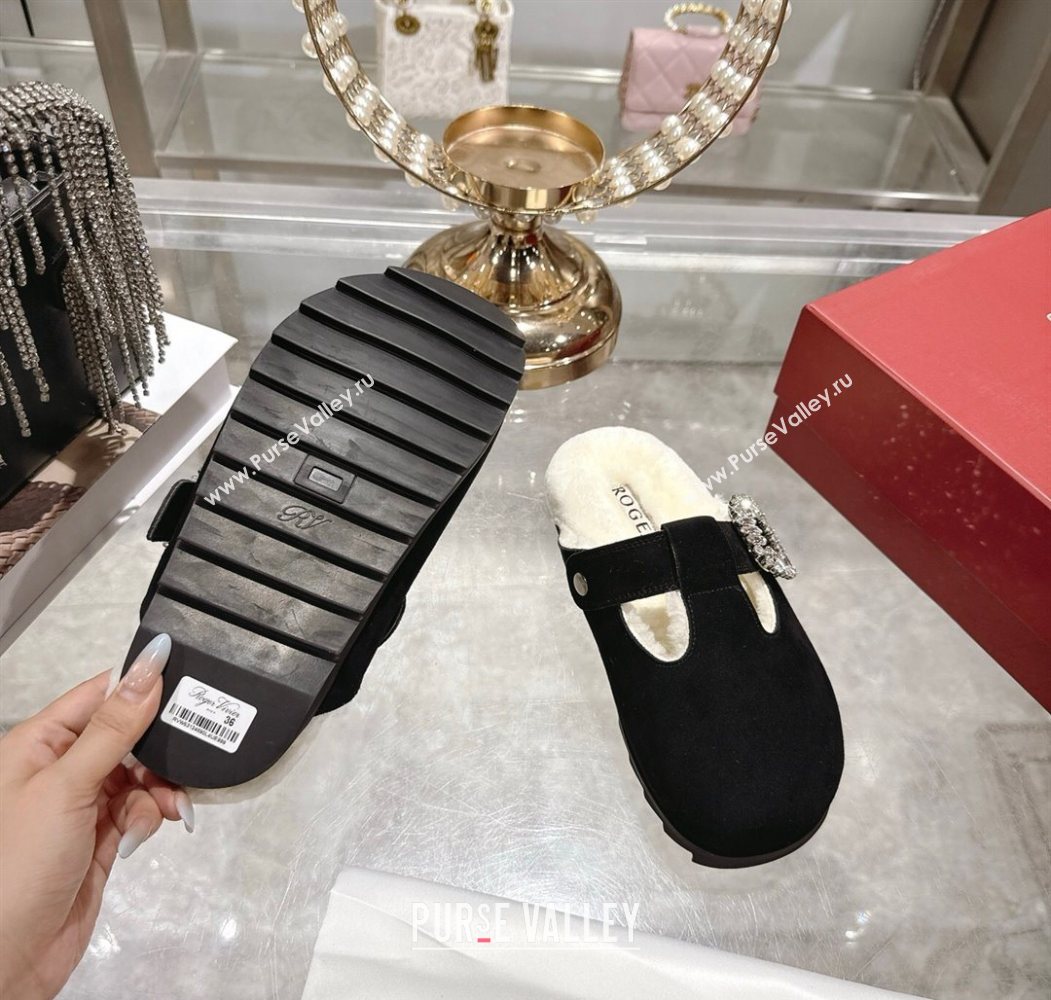 Roger Vivier Slidy Viv Mules 2.5cm in Suede and Wool with Strass Buckle Black 2025 (SS-251030063)