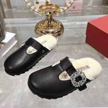 Roger Vivier Slidy Viv Mules 2.5cm in Leather and Wool with Strass Buckle Black 2025 (SS-251030060)