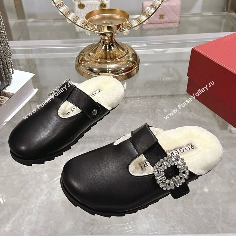 Roger Vivier Slidy Viv Mules 2.5cm in Leather and Wool with Strass Buckle Black 2025 (SS-251030060)
