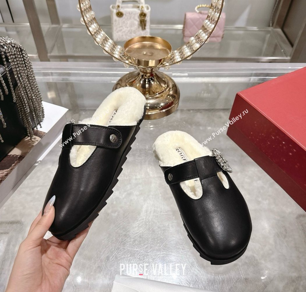 Roger Vivier Slidy Viv Mules 2.5cm in Leather and Wool with Strass Buckle Black 2025 (SS-251030060)