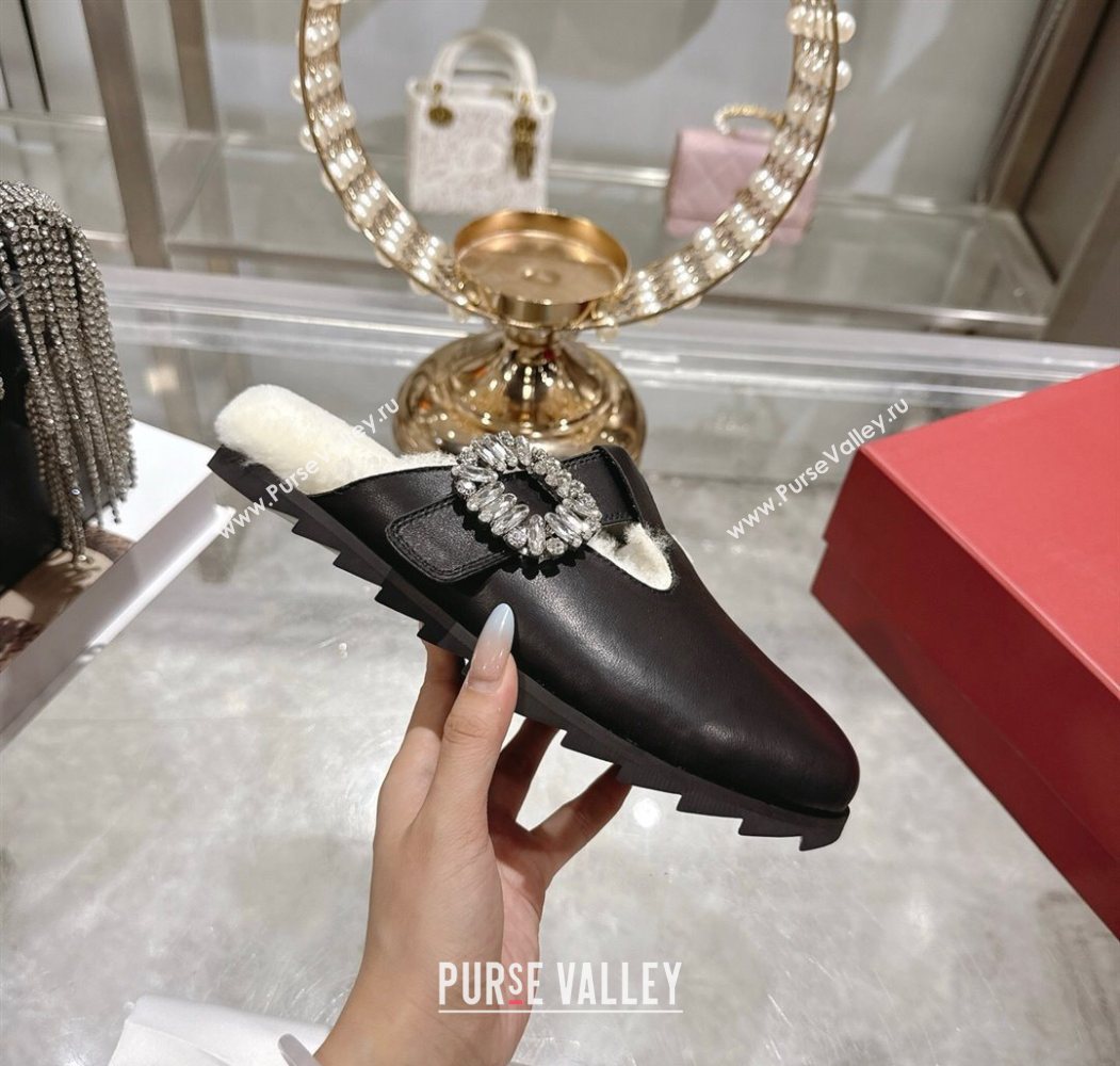 Roger Vivier Slidy Viv Mules 2.5cm in Leather and Wool with Strass Buckle Black 2025 (SS-251030060)