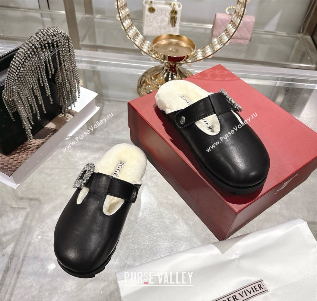 Roger Vivier Slidy Viv Mules 2.5cm in Leather and Wool with Strass Buckle Black 2025 (SS-251030060)