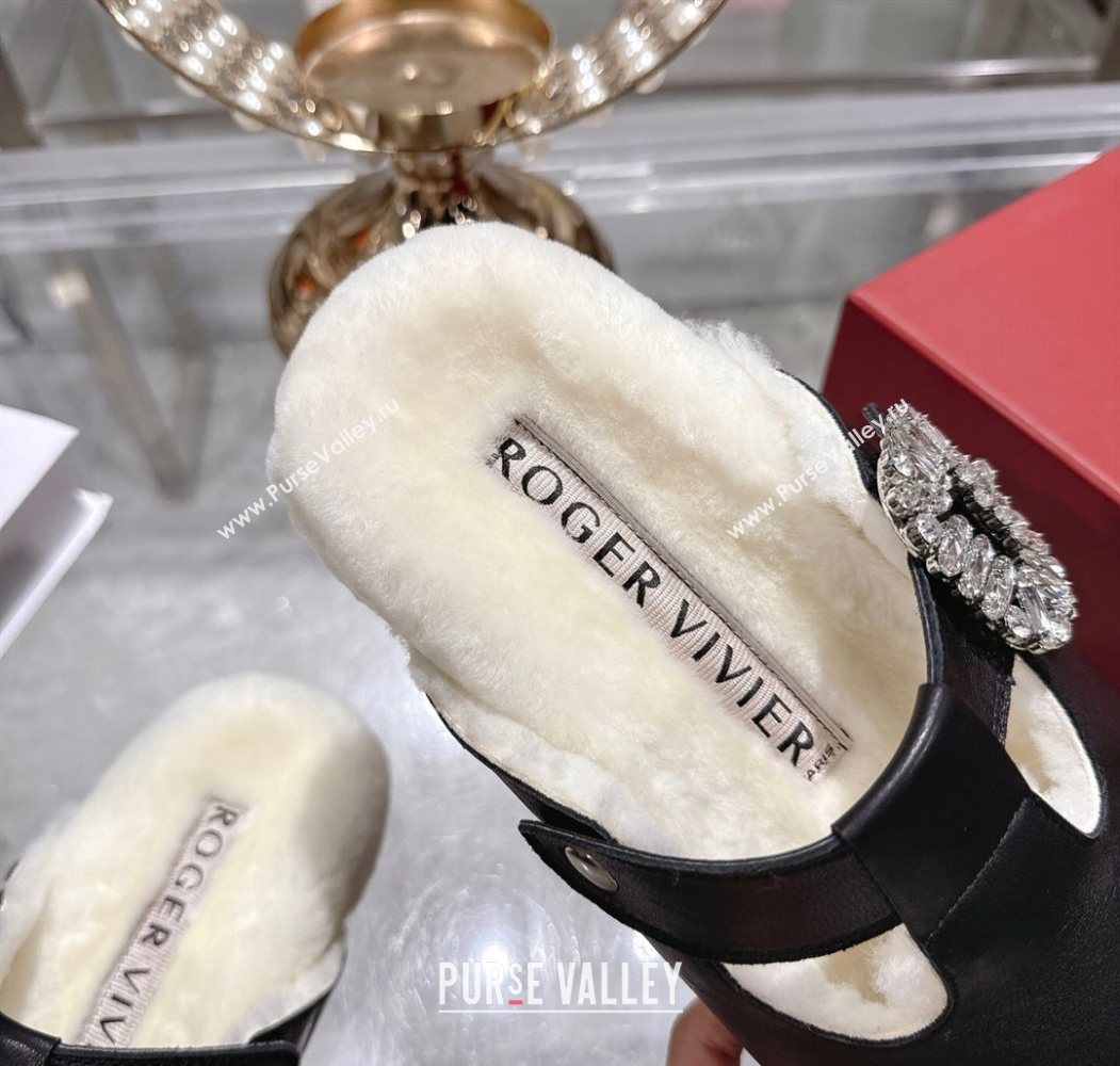 Roger Vivier Slidy Viv Mules 2.5cm in Leather and Wool with Strass Buckle Black 2025 (SS-251030060)