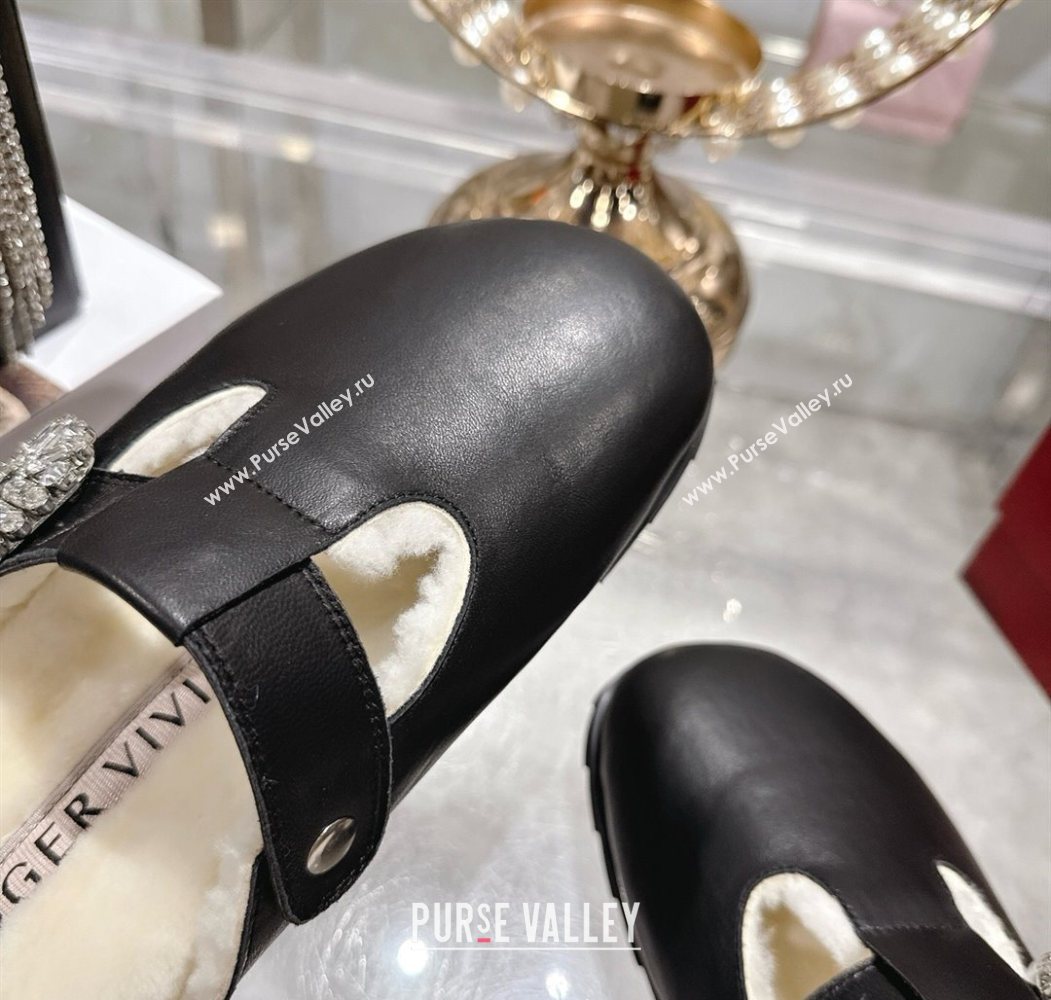 Roger Vivier Slidy Viv Mules 2.5cm in Leather and Wool with Strass Buckle Black 2025 (SS-251030060)