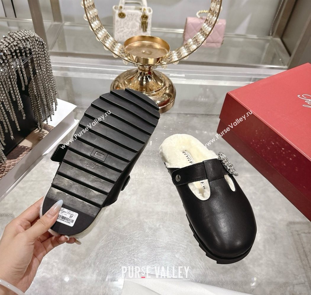 Roger Vivier Slidy Viv Mules 2.5cm in Leather and Wool with Strass Buckle Black 2025 (SS-251030060)