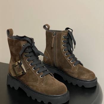 Roger Vivier Viv Rangers Truck Ankle Boots 5cm in Suede with Metal-Tone Buckle Brown 2025 (MD-251030065)