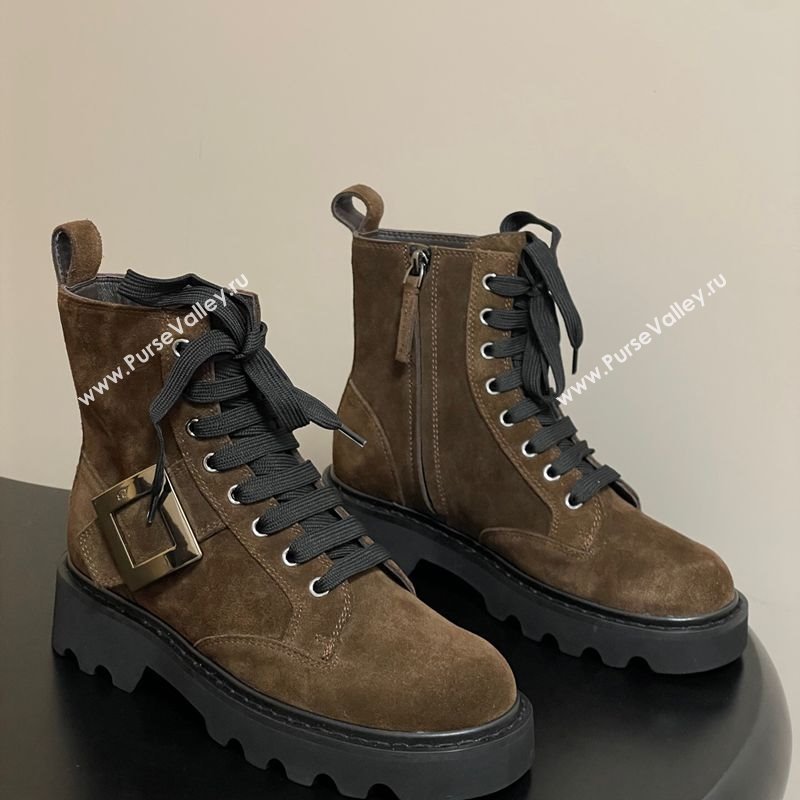 Roger Vivier Viv Rangers Truck Ankle Boots 5cm in Suede with Metal-Tone Buckle Brown 2025 (MD-251030065)