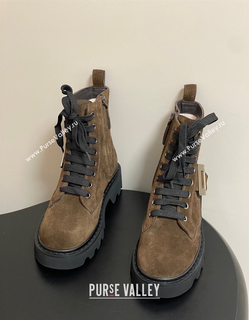 Roger Vivier Viv Rangers Truck Ankle Boots 5cm in Suede with Metal-Tone Buckle Brown 2025 (MD-251030065)
