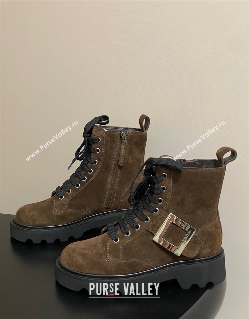 Roger Vivier Viv Rangers Truck Ankle Boots 5cm in Suede with Metal-Tone Buckle Brown 2025 (MD-251030065)