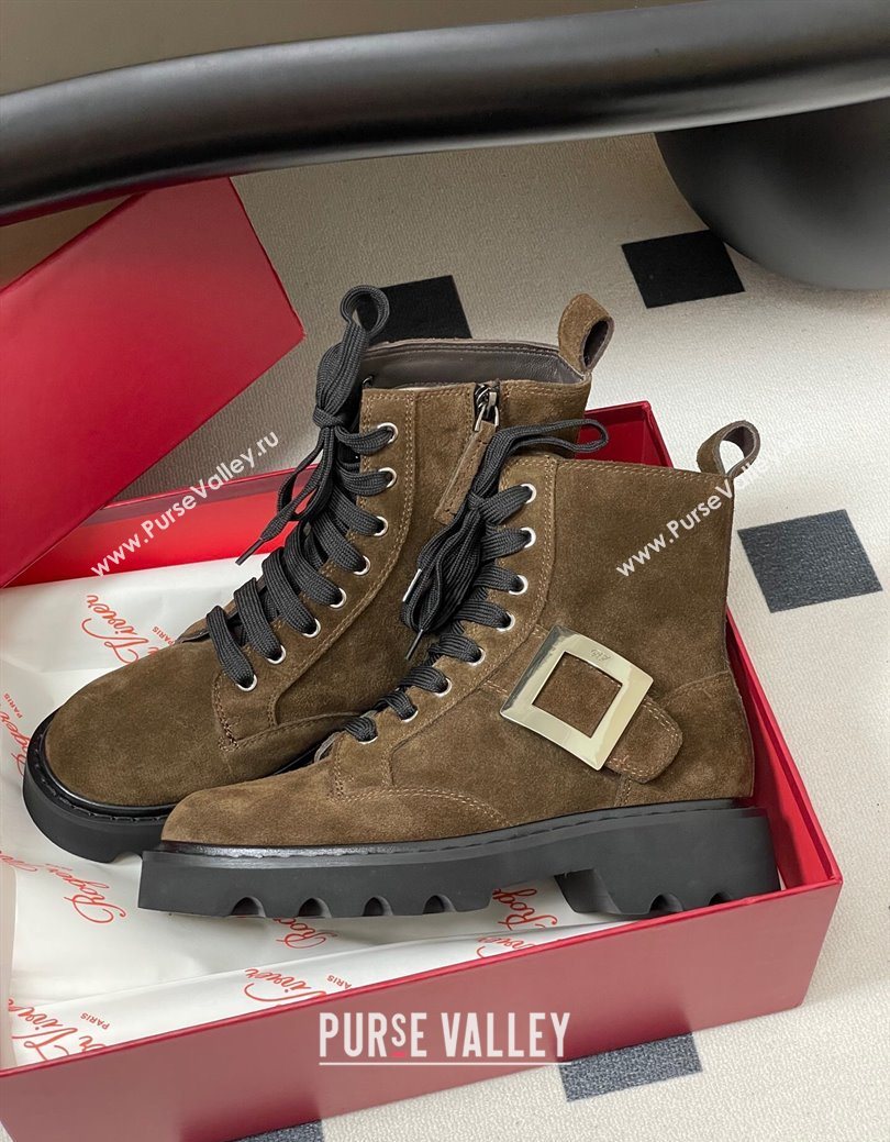 Roger Vivier Viv Rangers Truck Ankle Boots 5cm in Suede with Metal-Tone Buckle Brown 2025 (MD-251030065)