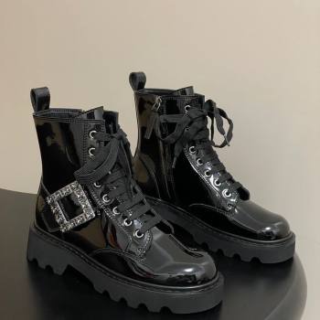 Roger Vivier Viv Rangers Truck Ankle Boots 5cm in Shiny Leather with Strass Buckle Black 2025 (MD-251030066)