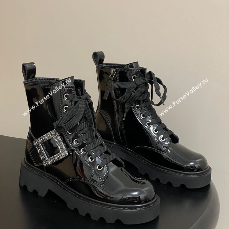 Roger Vivier Viv Rangers Truck Ankle Boots 5cm in Shiny Leather with Strass Buckle Black 2025 (MD-251030066)