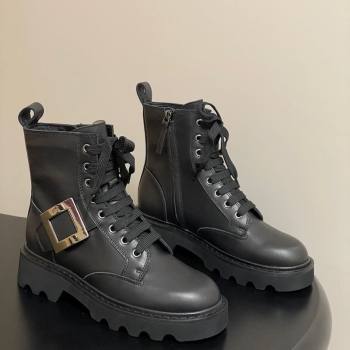 Roger Vivier Viv Rangers Truck Ankle Boots 5cm in Leather with Metal-Tone Buckle Black 2025 (MD-251030064)