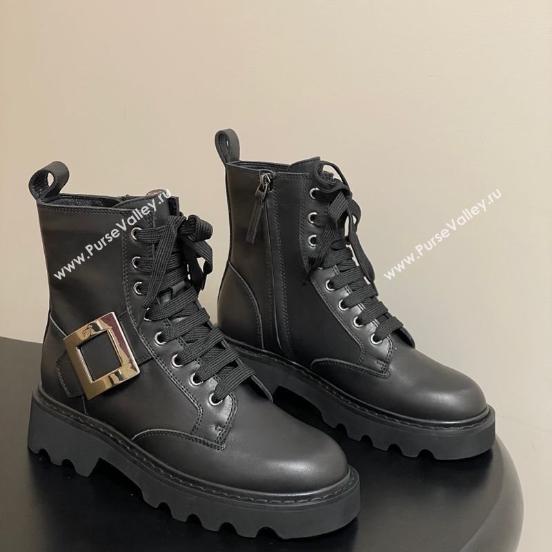 Roger Vivier Viv Rangers Truck Ankle Boots 5cm in Leather with Metal-Tone Buckle Black 2025 (MD-251030064)