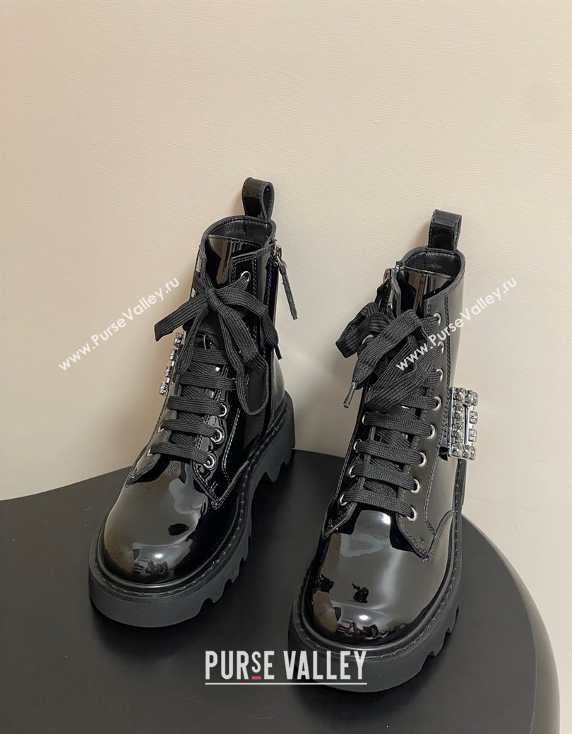 Roger Vivier Viv Rangers Truck Ankle Boots 5cm in Shiny Leather with Strass Buckle Black 2025 (MD-251030066)