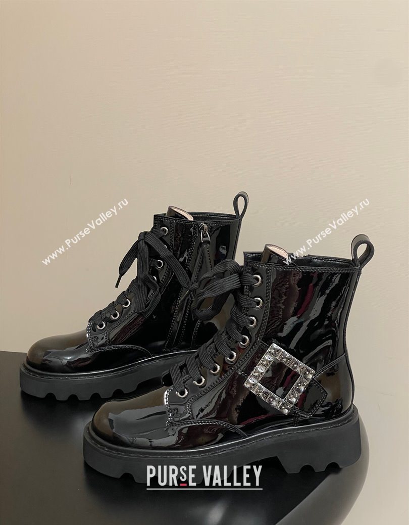 Roger Vivier Viv Rangers Truck Ankle Boots 5cm in Shiny Leather with Strass Buckle Black 2025 (MD-251030066)