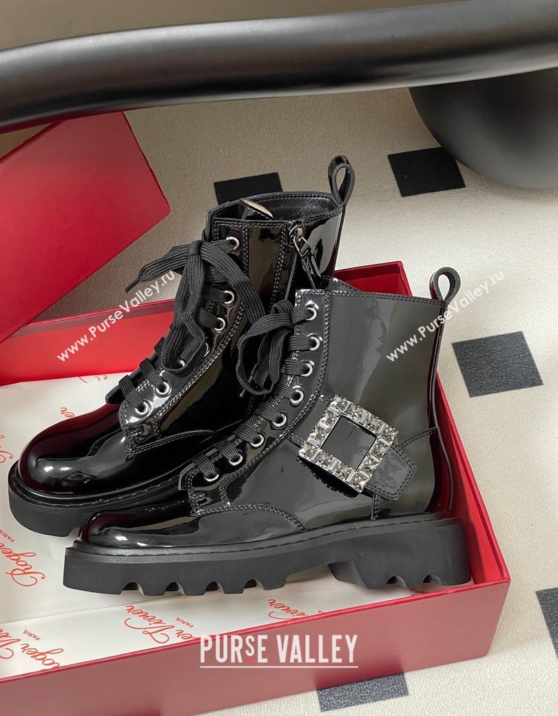 Roger Vivier Viv Rangers Truck Ankle Boots 5cm in Shiny Leather with Strass Buckle Black 2025 (MD-251030066)