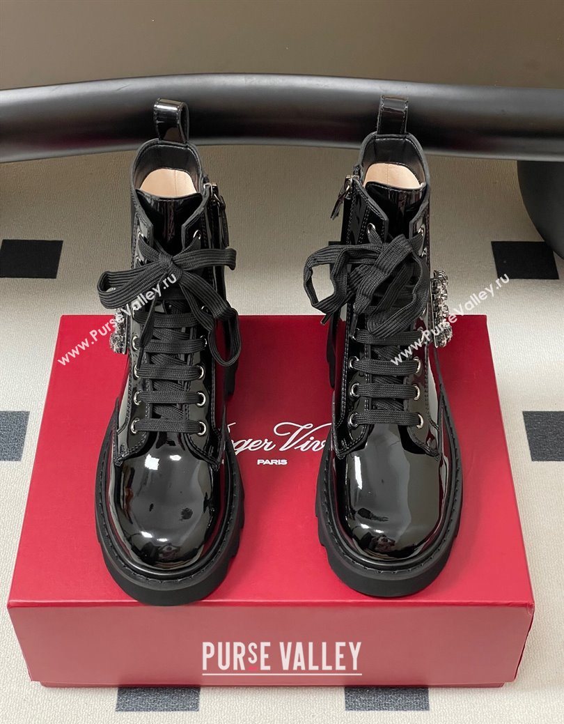Roger Vivier Viv Rangers Truck Ankle Boots 5cm in Shiny Leather with Strass Buckle Black 2025 (MD-251030066)