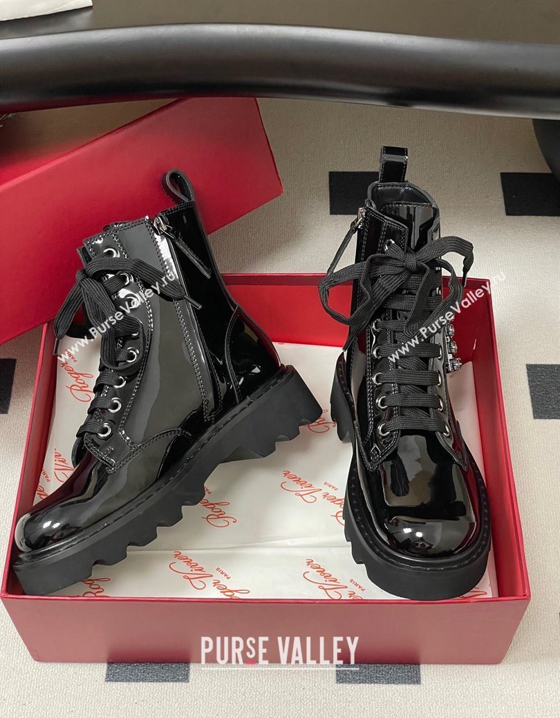 Roger Vivier Viv Rangers Truck Ankle Boots 5cm in Shiny Leather with Strass Buckle Black 2025 (MD-251030066)