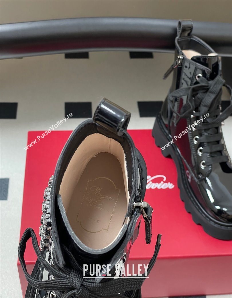 Roger Vivier Viv Rangers Truck Ankle Boots 5cm in Shiny Leather with Strass Buckle Black 2025 (MD-251030066)