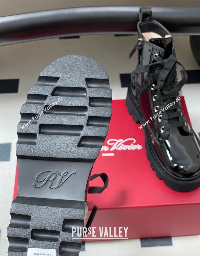 Roger Vivier Viv Rangers Truck Ankle Boots 5cm in Shiny Leather with Strass Buckle Black 2025 (MD-251030066)