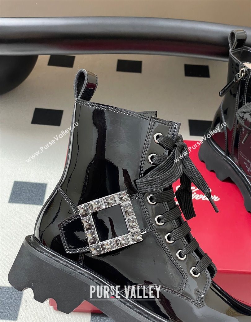 Roger Vivier Viv Rangers Truck Ankle Boots 5cm in Shiny Leather with Strass Buckle Black 2025 (MD-251030066)