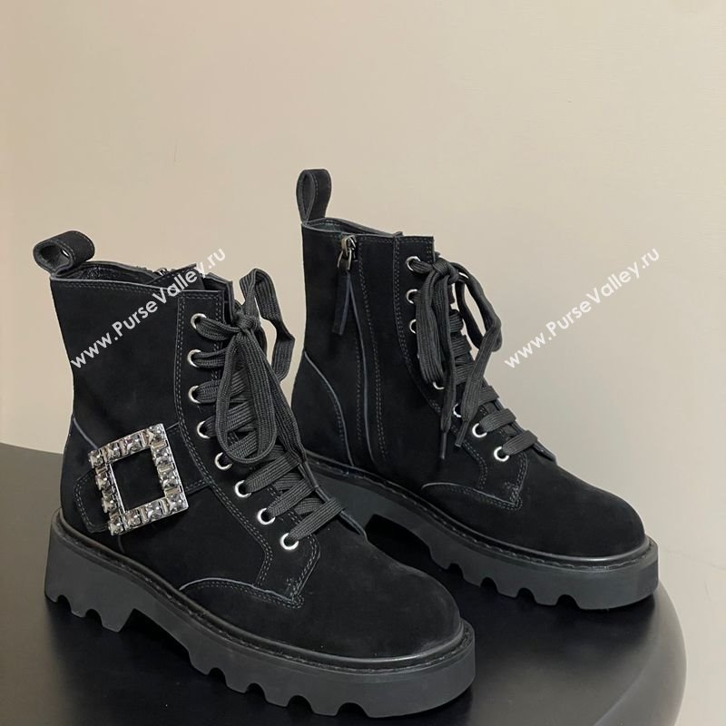 Roger Vivier Viv Rangers Truck Ankle Boots 5cm in Suede with Strass Buckle Black 2025 (MD-251030067)