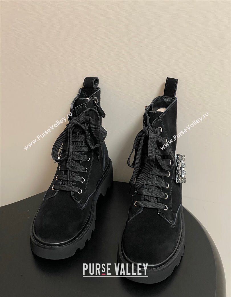 Roger Vivier Viv Rangers Truck Ankle Boots 5cm in Suede with Strass Buckle Black 2025 (MD-251030067)