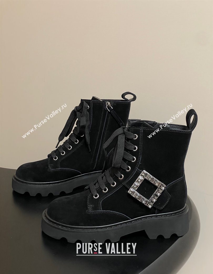 Roger Vivier Viv Rangers Truck Ankle Boots 5cm in Suede with Strass Buckle Black 2025 (MD-251030067)