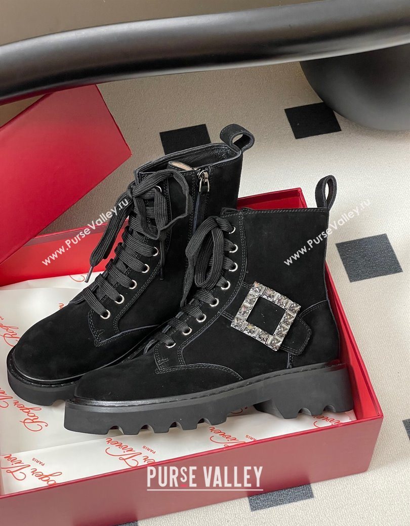 Roger Vivier Viv Rangers Truck Ankle Boots 5cm in Suede with Strass Buckle Black 2025 (MD-251030067)