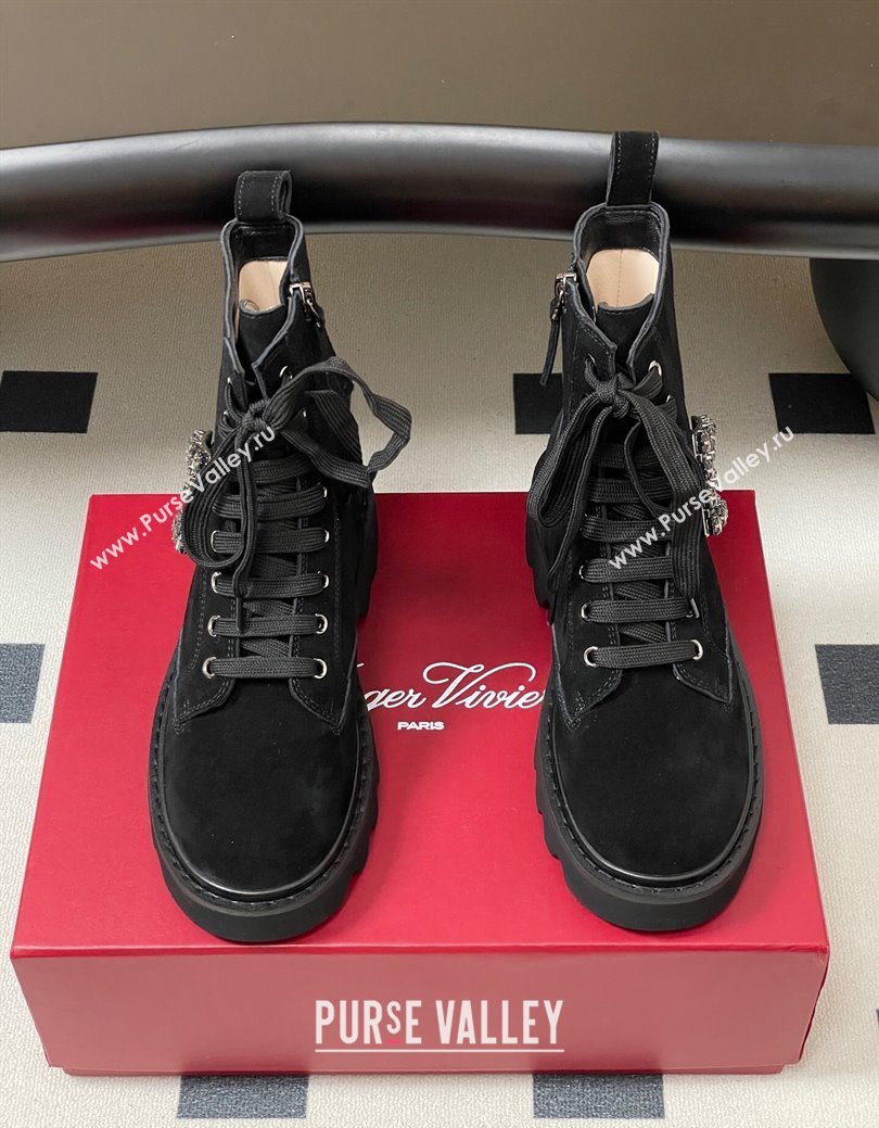 Roger Vivier Viv Rangers Truck Ankle Boots 5cm in Suede with Strass Buckle Black 2025 (MD-251030067)