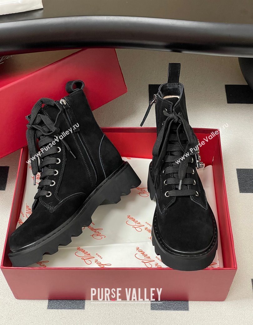 Roger Vivier Viv Rangers Truck Ankle Boots 5cm in Suede with Strass Buckle Black 2025 (MD-251030067)