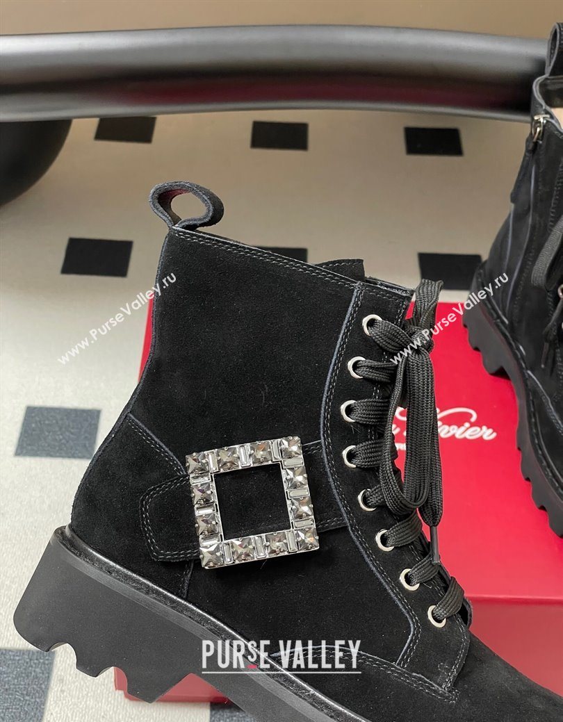 Roger Vivier Viv Rangers Truck Ankle Boots 5cm in Suede with Strass Buckle Black 2025 (MD-251030067)