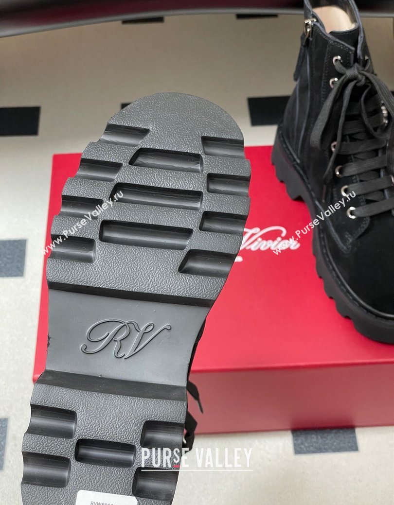 Roger Vivier Viv Rangers Truck Ankle Boots 5cm in Suede with Strass Buckle Black 2025 (MD-251030067)