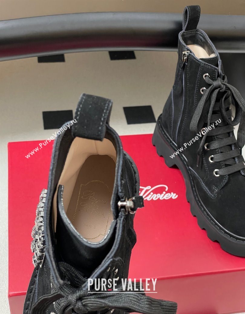 Roger Vivier Viv Rangers Truck Ankle Boots 5cm in Suede with Strass Buckle Black 2025 (MD-251030067)